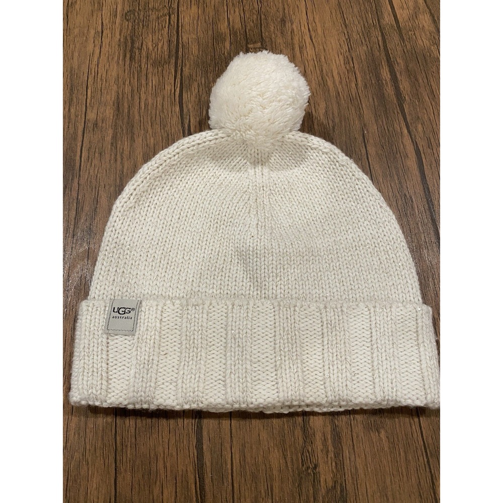 UGG Australia White Pom Pom Ribbed Knit Cuff Beanie. Size S Stretchy Glittery